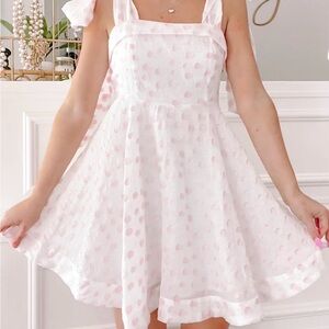 Mable Pink Swiss Dot Tie Strap Babydoll Mini Dress Ruffle Cottagecore Size M